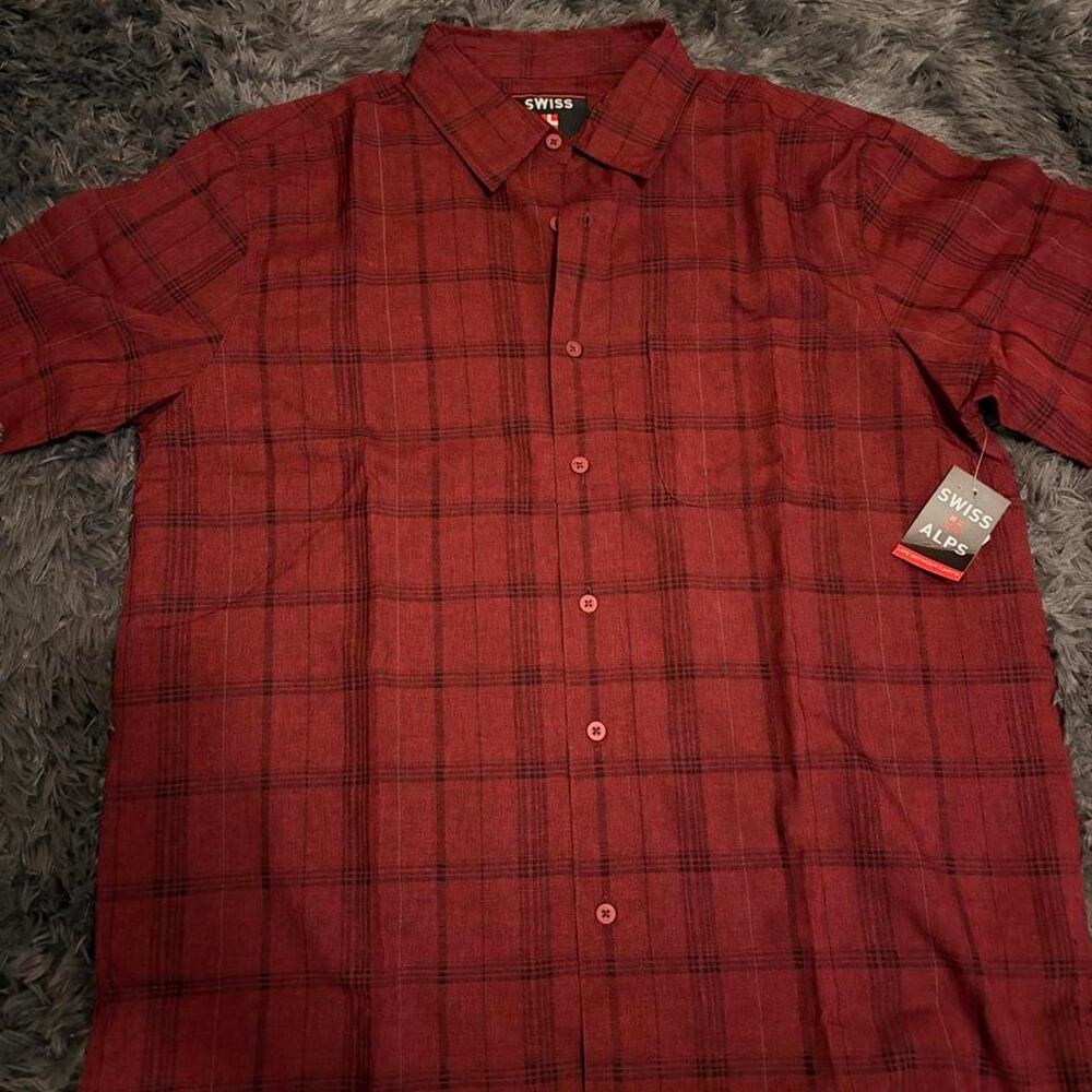 Swiss alps red plaid button